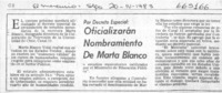 Oficializarán nombramiento de Marta Blanco.  [artículo]