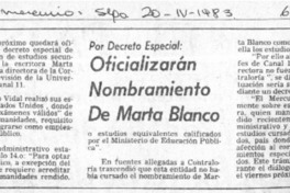Oficializarán nombramiento de Marta Blanco.  [artículo]