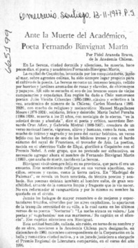 Ante la muerte del académico, poeta Fernando Binvignat Marín  [artículo] Fidel Araneda Bravo.