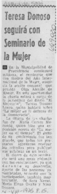 Teresa Donoso seguirá con seminario de la mujer.