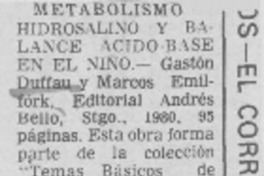 Metabolismo hidrosalino y balance ácido-base en el niño.