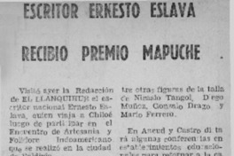Escritor Ernesto Eslava recibió premio mapuche.