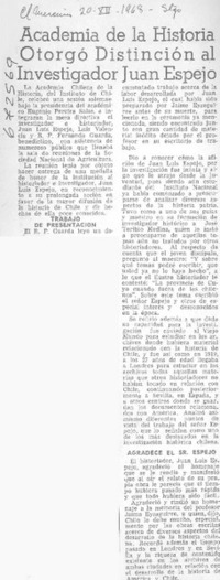 Academia de la Historia otorgó distinción al investigador Juan Espejo.