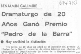 Dramaturgo de 20 años ganó premio "Pedro de la Barra".