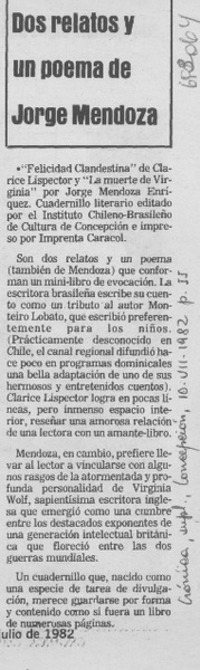 Dos relatos y un poema de Jorge Mendoza.