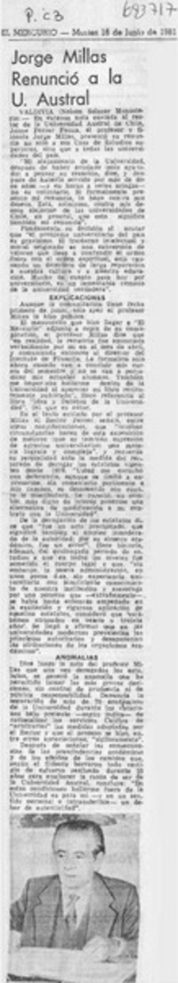 Jorge Millas renunció a la U. Austral