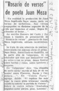 "Rosario de versos" de poeta Juan Meza.