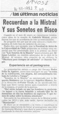 Recuerdan a la Mistral y sus sonetos en disco.