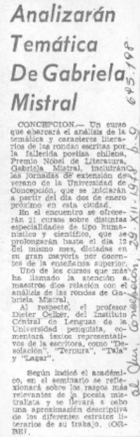Analizarán temática de Gabriela Mistral.
