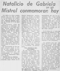 Natalicio de Gabriela Mistral conmemoran hoy.