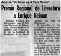 Premio regional de literatura a Enrique Neiman.
