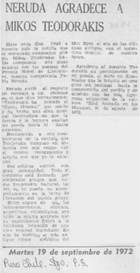Neruda agradece a Mikos Teodorakis.