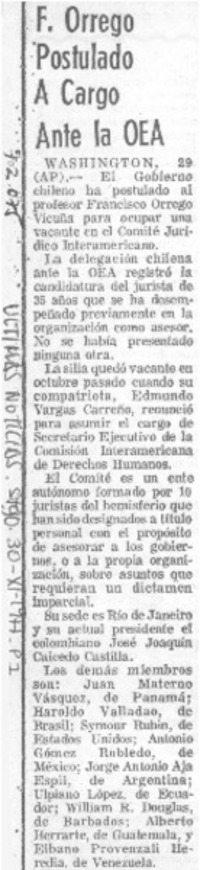 F. Orrego postulado a cargo ante la OEA.