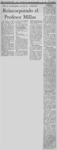 Reincorporado el profesor Millas.