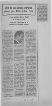 Chile no tiene críticos literarios plantea poeta Matías Rafide, Talca.