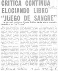 Crítica continua elogiando libro "juego de sangre".