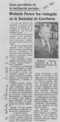 Modesto Parera fue reelegido en la Sociedad de Escritores.