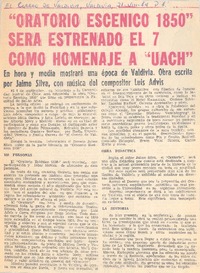 Oratorio escénico 1850" será estrenado el 7 como homenaje a "UACH".