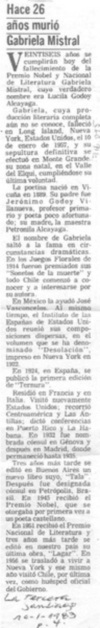 Hace 26 años murió Gabriela Mistral.