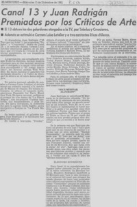 Canal 13 y Juan Radrigán premiados por los críticos de arte.