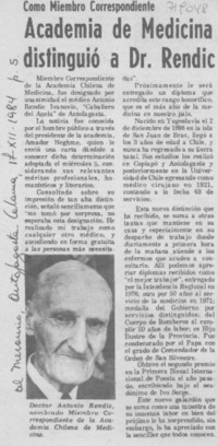 Academia de Medicina distinguió a dr. Rendic.