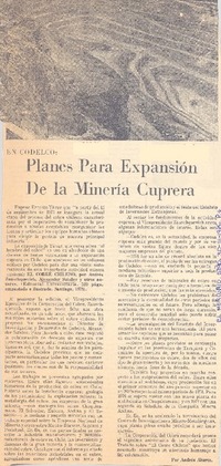 Planes para expansión de la minería cuprera