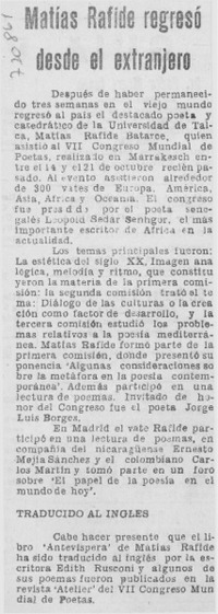 Matías Rafide regresó desde el extranjero.