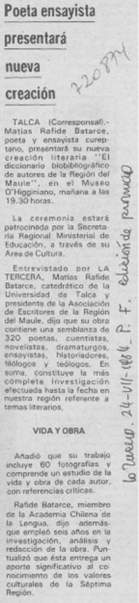 Poeta ensayista presentará nueva creación