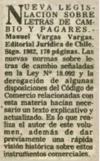 Nueva legislacipon sobre letras de cambio y pagares.