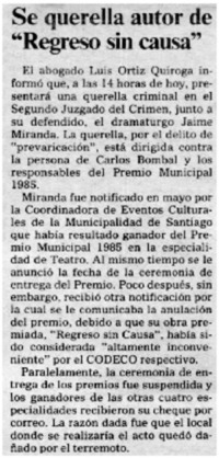 Se querella autor de "Regreso sin causa".