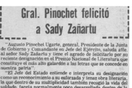Gral. Pinochet felicitó a Sady Zañartu.