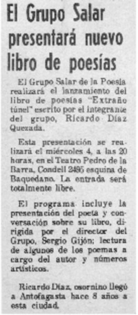 El grupo Salar presentará nuevo libro de poesías.