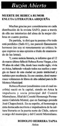 Muerte de Rebeca Rumor enluta literatura ariqueña