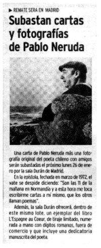 Subastan cartas y fotografías de Pablo Neruda