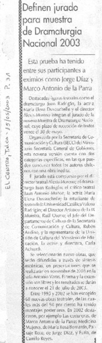 Definen jurado para muestra de dramaturgia nacional 2003 esta prueba ha tenido entre sus participantes a eximios como Jorge Díaz y Marco Antonio de la Parra.