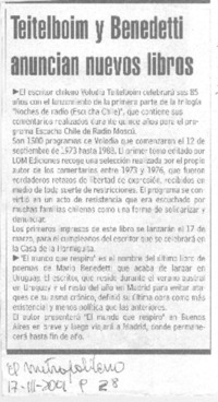 Teitelboim y Benedetti anuncian nuevos libros.