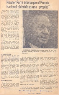 Nicanor Parra estima que el Premio Nacional obtenido es una "propina"