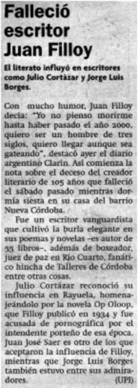 Falleció escritor Juan Filloy