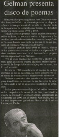 Gelman presenta disco de poemas.
