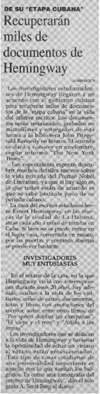 Recuperarán miles de documentos de Hemingway.