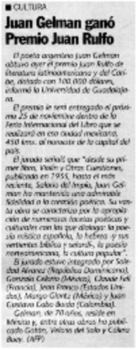 Juan Gelman ganó Premio Juan Rulfo