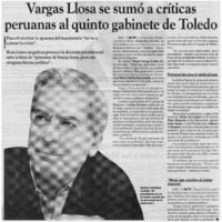 Vargas Llosa se sumó a críticas peruanas al quinto gabinete de Toledo