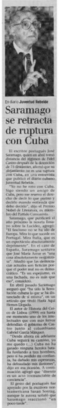 Saramago se retracta de ruptura con Cuba.