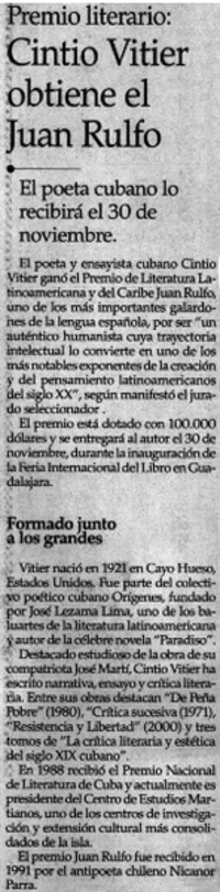 Cintio Vitier obtiene el Juan Rulfo.