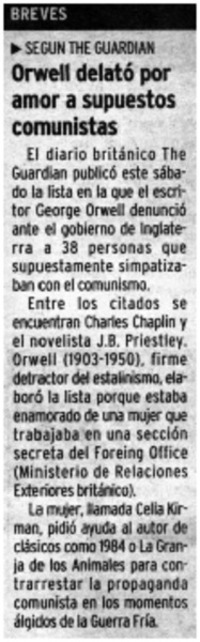 Orwell delató por amor a supuestos comunistas.