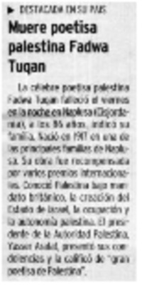 Muere poetisa palestina Fadwa Tuqan.