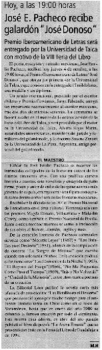 José E. Pacheco recibe galardón "José Donoso"