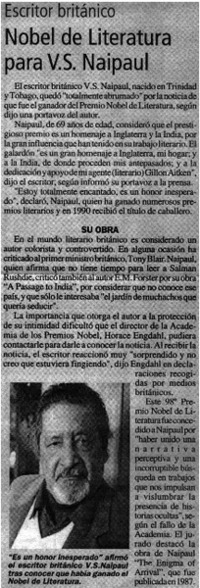 Nobel de literatura para V. S. Naipaul