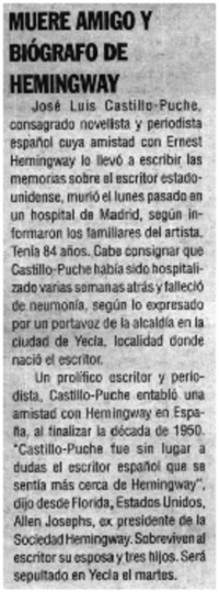 Muere amigo y biógrafo de Hemingway.