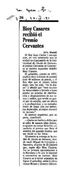 Bioy Casares recibió el Premio Cervantes.